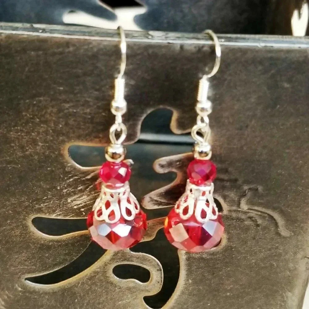 Handcrafted Victorian Red Crystal Silver Filigree Basket Earrings